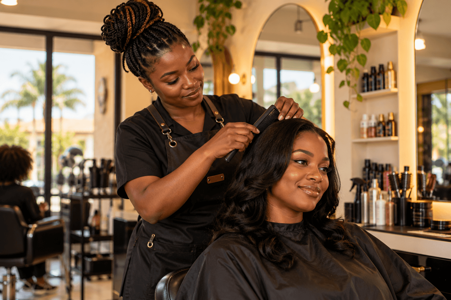Hair stylist working in a warm salon