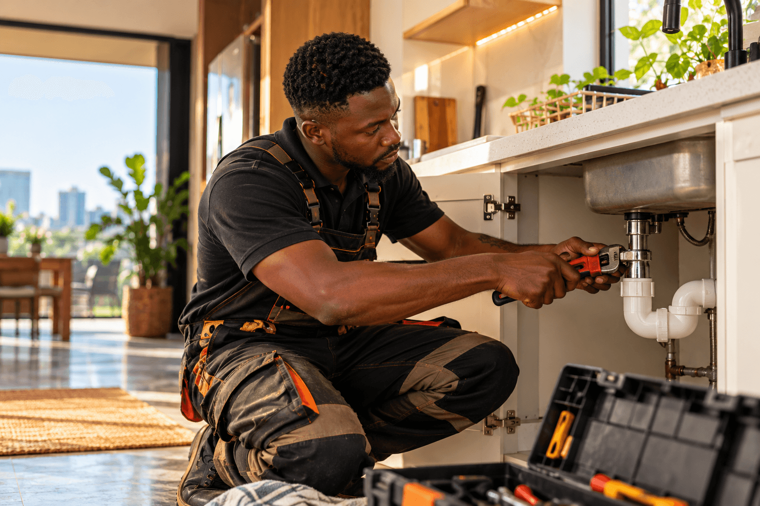 Plumber repairing a kitchen sink